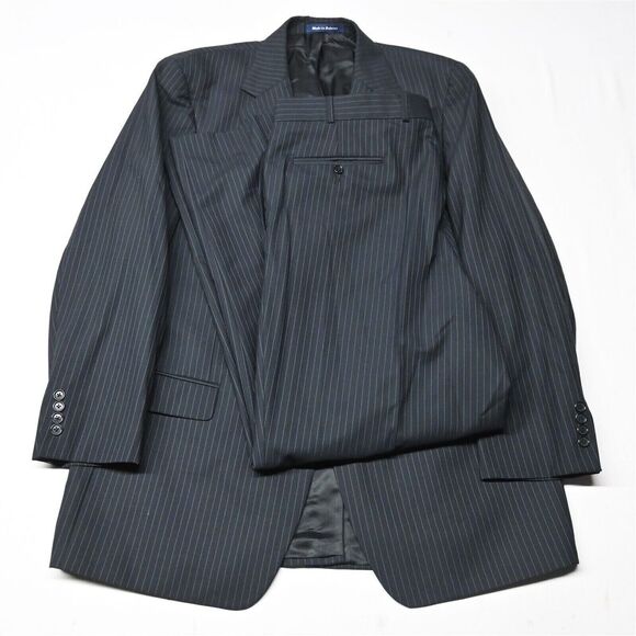 Alan Flusser 44L 38x32 Black Stripe Super 100s 100% Wool Mens Jacket‎ Pants Suit